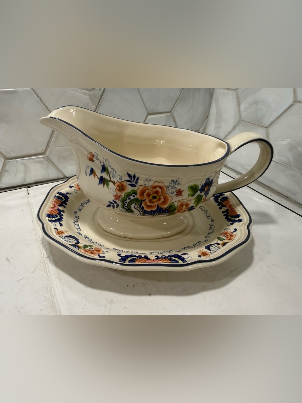 Vintage Mikasa Heritage 'Antiquities' F2008 Gravy Boat & Underplate Liner Set